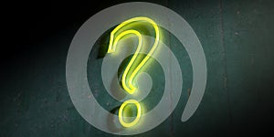 Question mark neon light against vintage wall background. 3d illustration