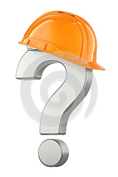 Question mark with orange hard hat, 3D rendering