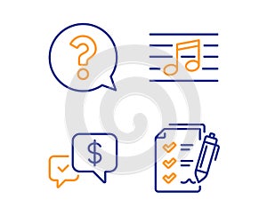 Question mark, Payment received and Musical note icons set. Survey checklist sign. Help support, Money, Music. Vector