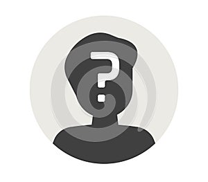 Question mark in person head icon vector as unknown secret anonym user profile or doubt secret brain mind think graphic silhouette