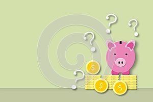 Question mark with pink piggy bank and coins on pastel background. Concept for Financial or investment and economic problems.