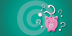 Question mark with pink piggy bank on green background. Concept for Financial or investment and economic problems.