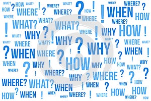 Question mark - Questions whose answers are considered basic in information gathering or problem solving, word cloud background