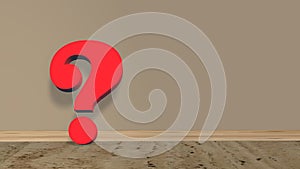 Question mark in red colour on wooden floor leaned against the wall