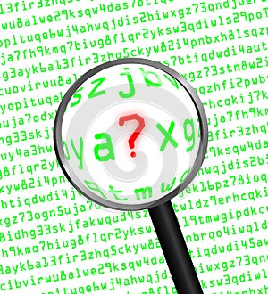 Question Mark revealed in computer code through a magnifying glass