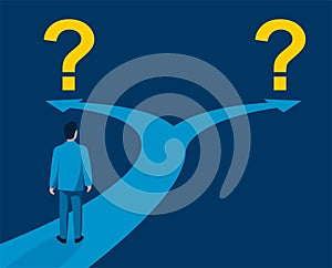 Question mark and road fork, confused businessman
