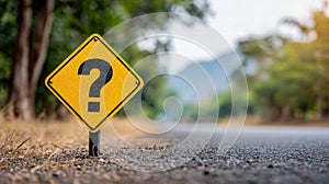 Question mark road sign on a blurred road