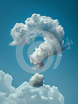 Question mark-shaped cloud formation in a blue sky.