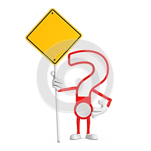 Question Mark Sign Cartoon Character Person Mascot and Yellow Road Sign with Free Space for Yours Design. 3d Rendering