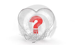 Question mark sign in an ice heart with water drops for valentine`s day