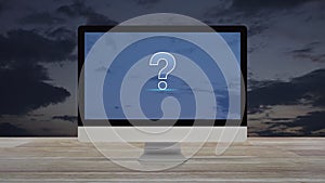 Question mark sign icon with modern laptop computer on wooden table over sunset sky, Business customer service and support online