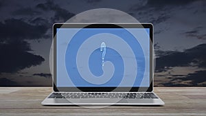 Question mark sign icon with modern laptop computer on wooden table over sunset sky, Business customer service and support online