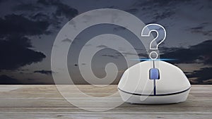 Question mark sign icon with wireless computer mouse on wooden table over sunset sky, Business customer service and support o