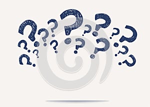 Question mark symbol hand draw doodle style arranged in semicircle banner. Choice or problem. Faq