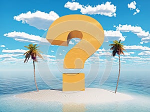 Question mark symbol and palm trees on an island in the sea