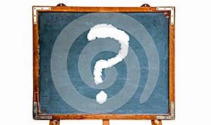 Question mark white sign drawing on a blue old grungy vintage wooden chalkboard or blackboard with frame and stand