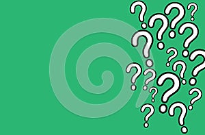 Question mark QA FAQ white signs with black outline stroke random pattern of different sign sizes on a simple green background
