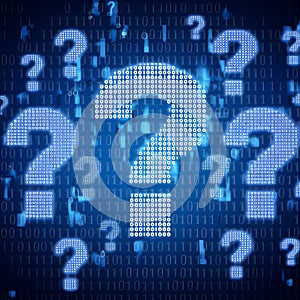 Question marks and binary code evoke technology and inquiry