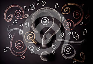 Question marks chalk drawing on blackboard background . Generate Ai.