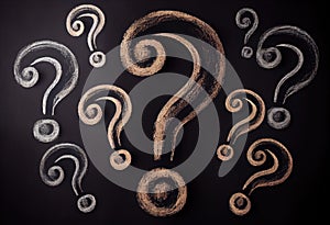 Question marks chalk drawing on blackboard background . Generate Ai.