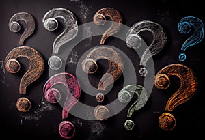 Question marks chalk drawing on blackboard background . Generate Ai.