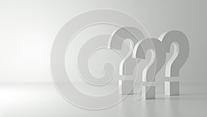 Question marks concept in gray empty room 3D rendering