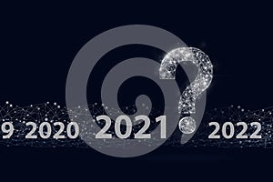 question marks digital low poly hologram and 2021 year on dark blue background