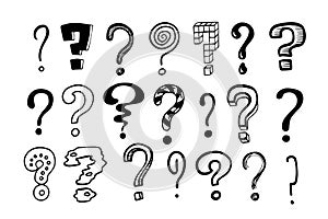 Question marks. Doodle hand drawn isolated set of interrogation signs, inky punctuation icons. Vector collection of