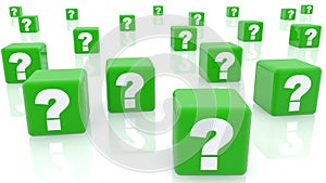 Question marks on green cubes on white