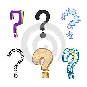 Question marks. Hand drawn colored interrogation icons. Doodle punctuation symbols. Searching answers. Thinking or