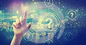 Question Marks with hand pressing a button