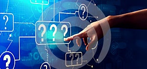 Question marks with hand pressing a button