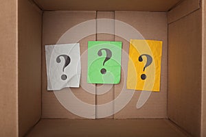 Question marks inside of a cardboard box