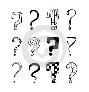 Question marks vector set. Ask signs in doodle, sketch style. Pen, inky punctuation icons. Interrogation symbols for expressing