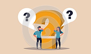 Question problem and answer solution idea with man and woman. Help solve with advice mark vector illustration concept. Support