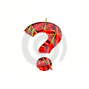 Question punctuation mark made of hot red chili peppers and cut paper isolated on white. Spicy veggie font