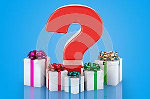 Question sign with presents, 3D rendering