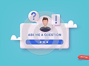 Question Sticker. Ask Me a Question. Social Media Element On Blue Background. 3D Web Vector Illustration