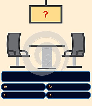 Question on TV. Flat style. Quiz game with answers . Colorful flat cartoon vector illustration. Quiz brainy game