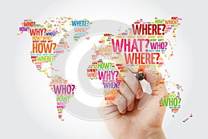 Question Words World Map in Typography, words cloud with marker, business concept background