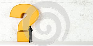 question. yellow question mark symbol and silhouette man on white background. Problem, solution, confusion counseling. copy space