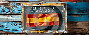 Question Hablas espanol? written on a chalkboard with a Spanish flag, inviting the viewer to engage with the Spanish language photo