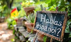 Question Hablas espanol? written on a chalkboard with a Spanish flag, inviting the viewer to engage with the Spanish language photo