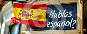 Question Hablas espanol? written on a chalkboard with a Spanish flag, inviting the viewer to engage with the Spanish language photo