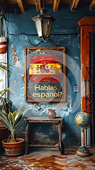 Question Hablas espanol? written on a chalkboard with a Spanish flag, inviting the viewer to engage with the Spanish language photo
