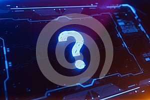 Questionmark icon on a digital display with reflection.
