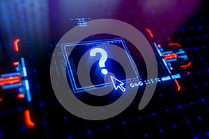 Questionmark icon on a digital display with reflection.