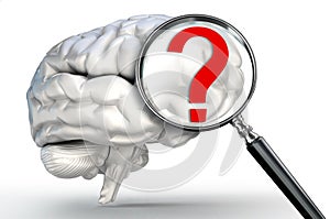 Questionmark on magnifying glass and human brain