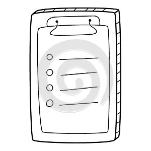 Questionnaire, checklist, to-do list, questionnaire, voting form. A tablet with an attached sheet. Hand-drawn black and white