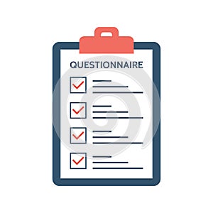 Questionnaire, survey and report on a clipboard paper. Feedback concept. Checklist with tick marks in flat style. Application form